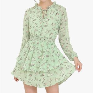Allegra K light green floral chiffon long-sleeve babydoll mini dress, Large